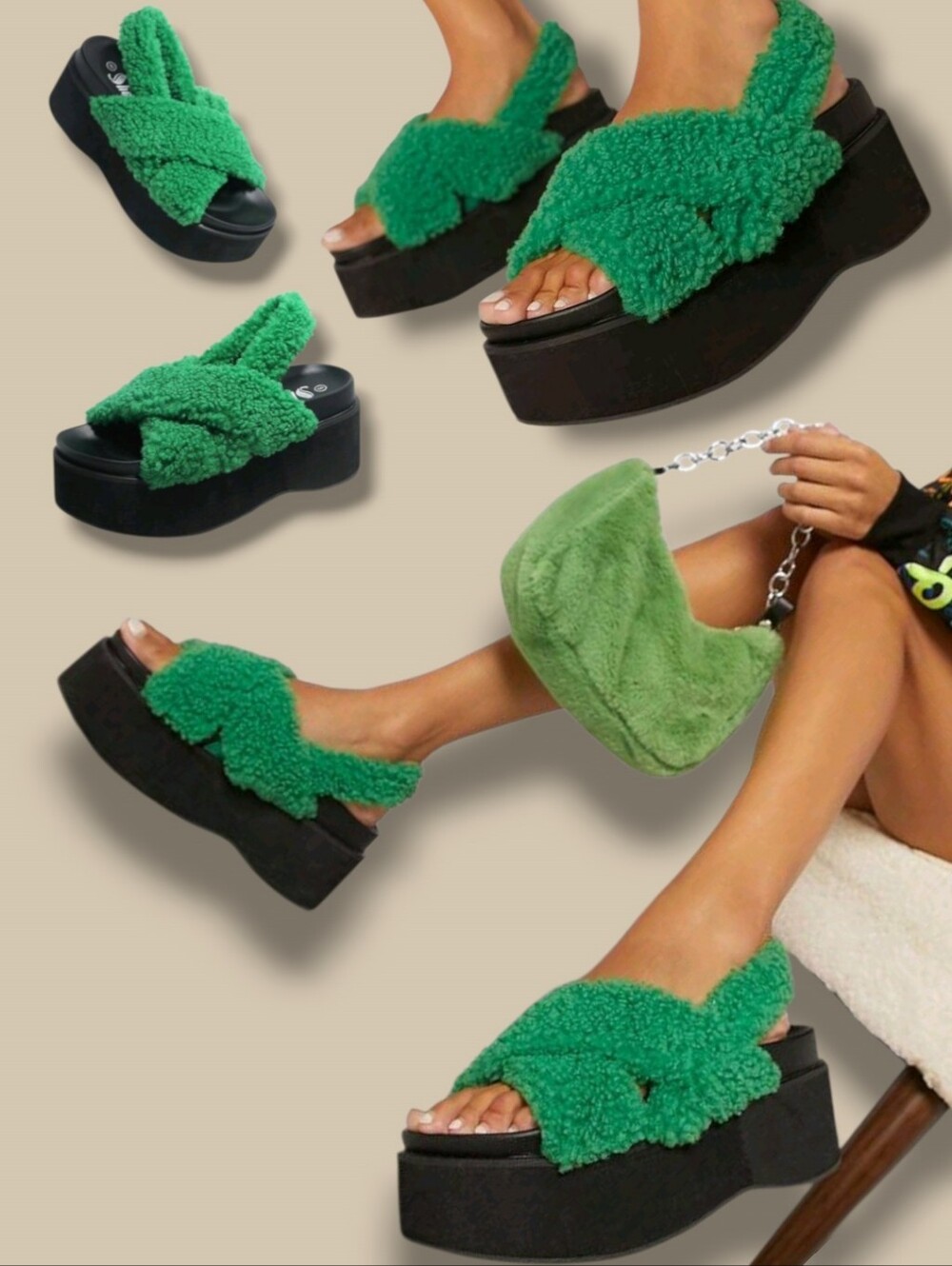 New ‼️SHUZIA Women's Fuzzy Crisscross Slingback Platform Sandals in Green